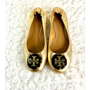 Tory Burch Reva Ballet Flat in a metallic gold leather finish women size 8M